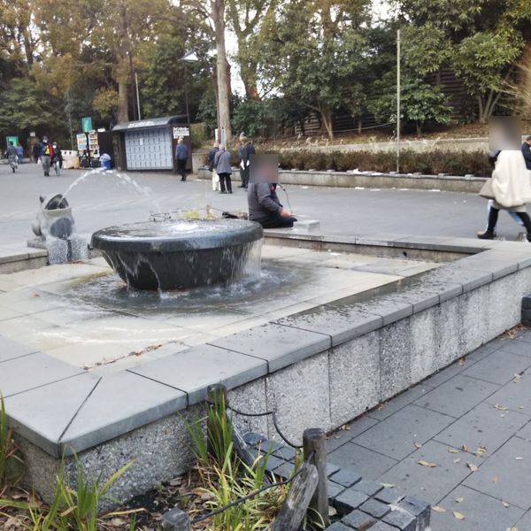 上野公園入口交番のすぐ裏カエルが口から水を吹いている噴水の周辺にベンチ - おすすめ画像